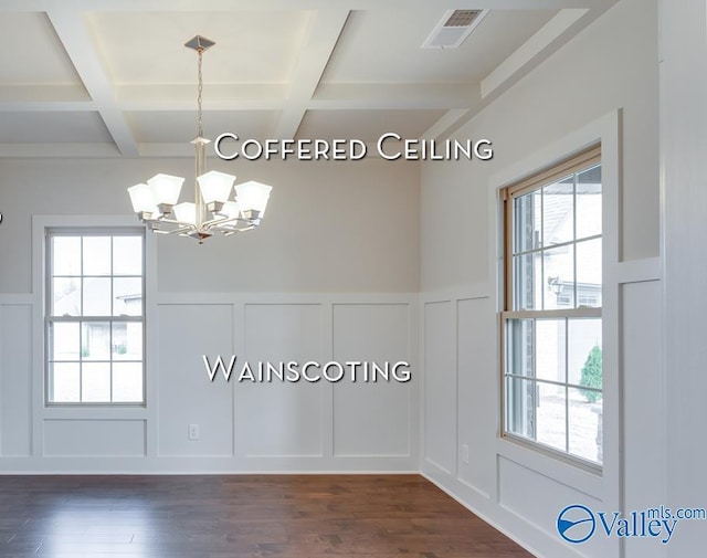 182 Saddle St, New Market, AL 35761 - unfurnished dining area featuring beam ceiling, dark hardwood / wood-style flooring, coffered ceiling, and a chandelier