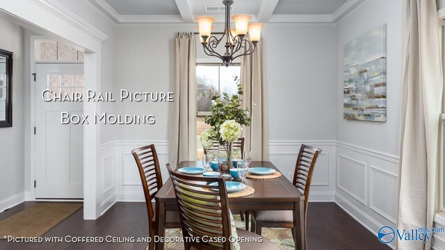 182 Saddle St, New Market, AL 35761 - dining area with coffered ceiling, a notable chandelier, dark hardwood / wood-style flooring, ornamental molding, and beam ceiling