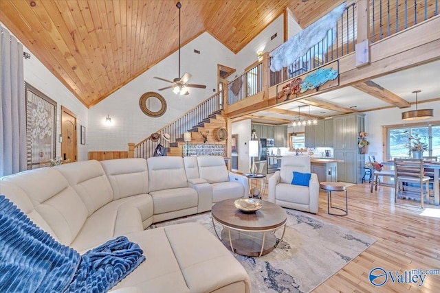 living room featuring light wood-type flooring, stairway, wood ceiling, and high vaulted ceiling