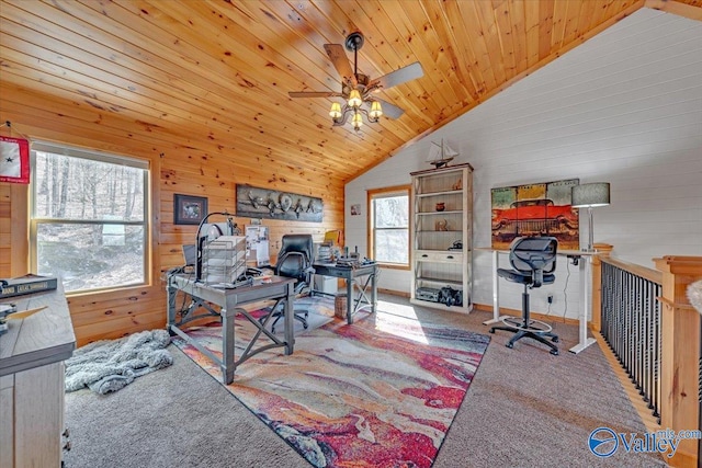 home office featuring wooden ceiling, carpet flooring, vaulted ceiling, and wooden walls