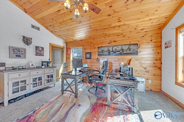 office area featuring lofted ceiling, wood ceiling, visible vents, and carpet flooring