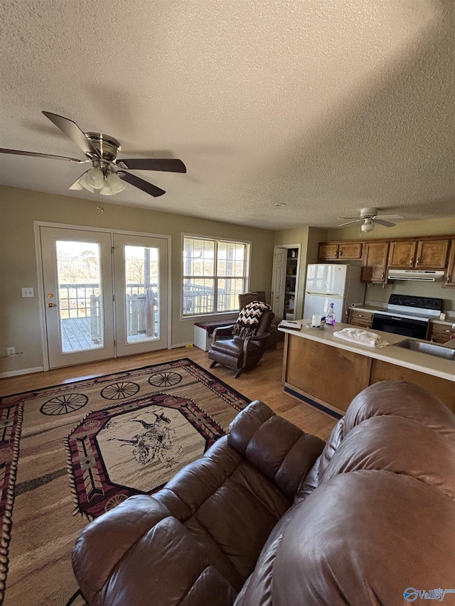 living area featuring light wood-type flooring, a textured ceiling, and a ceiling fan