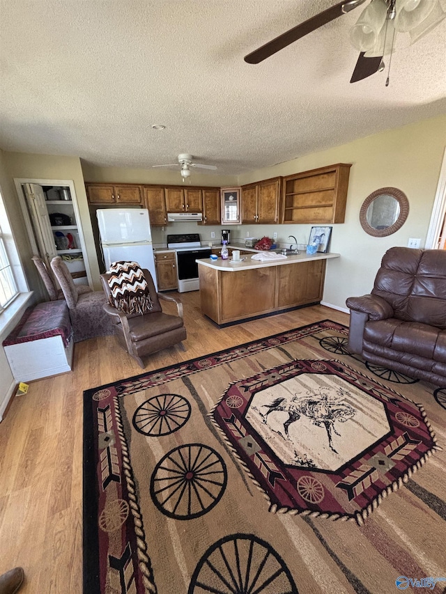 living area with light wood-type flooring, a textured ceiling, and ceiling fan