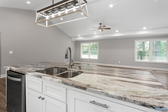 2810 Mountain View Dr, Southside, AL 35907 - kitchen featuring light stone counters, white cabinets, recessed lighting, ceiling fan, and dark wood-style flooring