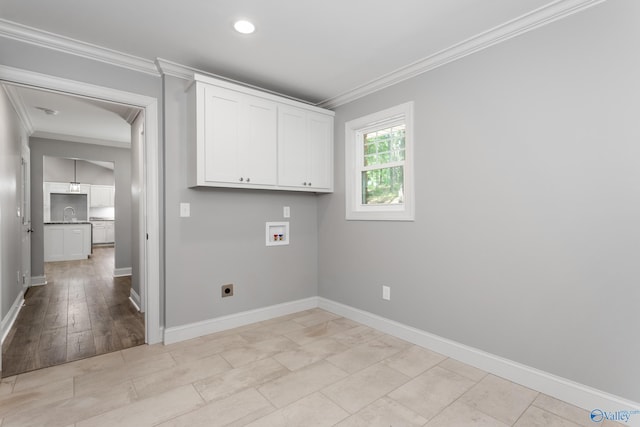 2810 Mountain View Dr, Southside, AL 35907 - laundry room featuring washer hookup, cabinet space, ornamental molding, hookup for an electric dryer, and recessed lighting
