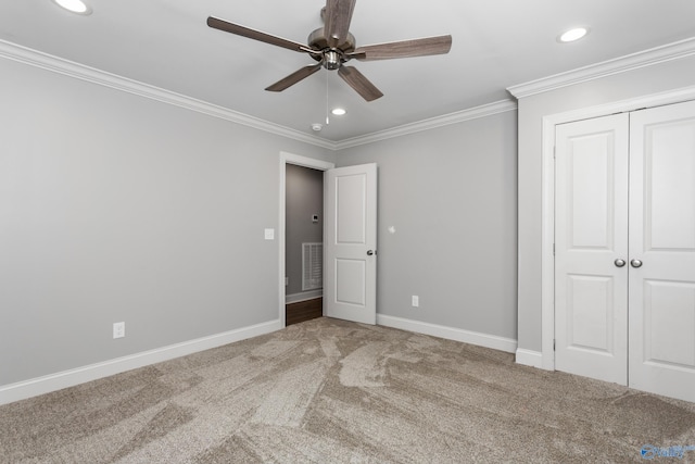 2810 Mountain View Dr, Southside, AL 35907 - unfurnished bedroom with carpet, recessed lighting, ornamental molding, a closet, and ceiling fan