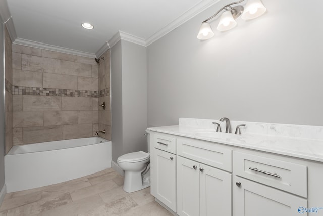 2810 Mountain View Dr, Southside, AL 35907 - bathroom featuring crown molding, vanity, bathing tub / shower combination, and recessed lighting