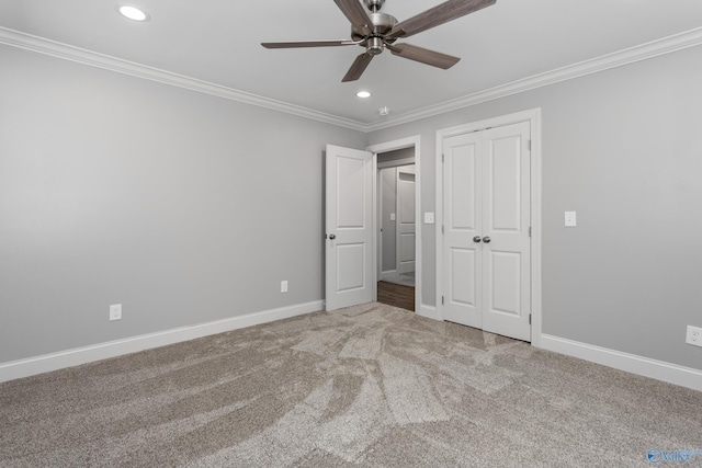 2810 Mountain View Dr, Southside, AL 35907 - unfurnished bedroom featuring recessed lighting, crown molding, carpet floors, a ceiling fan, and a closet