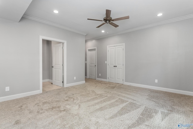 2810 Mountain View Dr, Southside, AL 35907 - unfurnished bedroom with crown molding, recessed lighting, light colored carpet, and ceiling fan