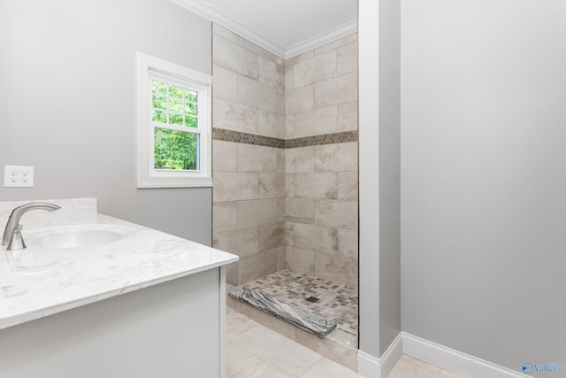 2810 Mountain View Dr, Southside, AL 35907 - bathroom with vanity, ornamental molding, and tiled shower