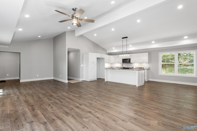 2810 Mountain View Dr, Southside, AL 35907 - unfurnished living room featuring dark wood-type flooring, a ceiling fan, and recessed lighting