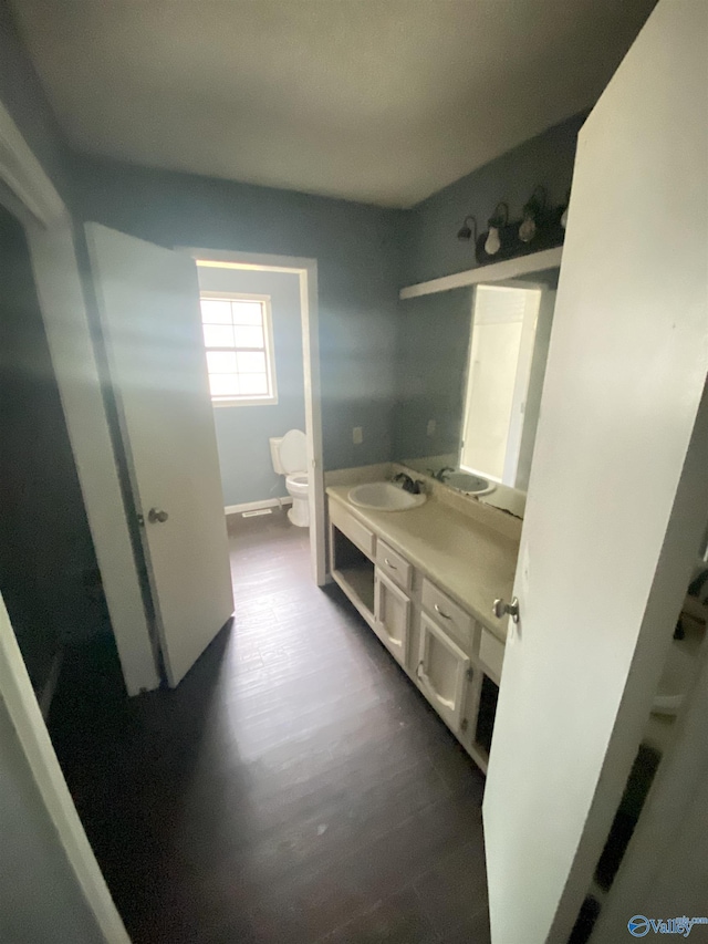 bathroom with vanity, toilet, and wood finished floors