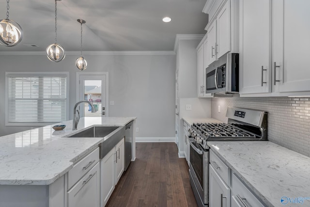 kitchen featuring a sink, ornamental molding, dark wood-type flooring, stainless steel appliances, and backsplash