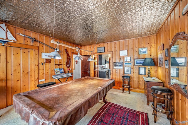playroom with wooden walls, carpet floors, an ornate ceiling, and billiards