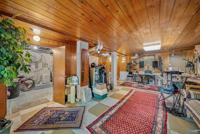 interior space with wood ceiling and wood walls