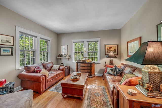 living room featuring baseboards and light wood-type flooring