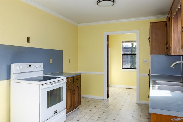 kitchen featuring electric stove, sink, and crown molding