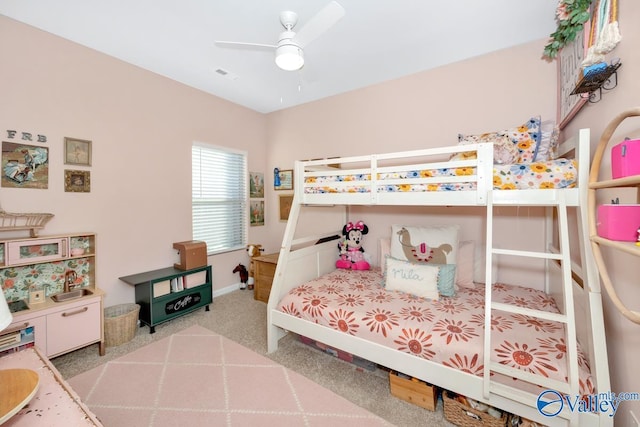 bedroom featuring ceiling fan, carpet flooring, and visible vents