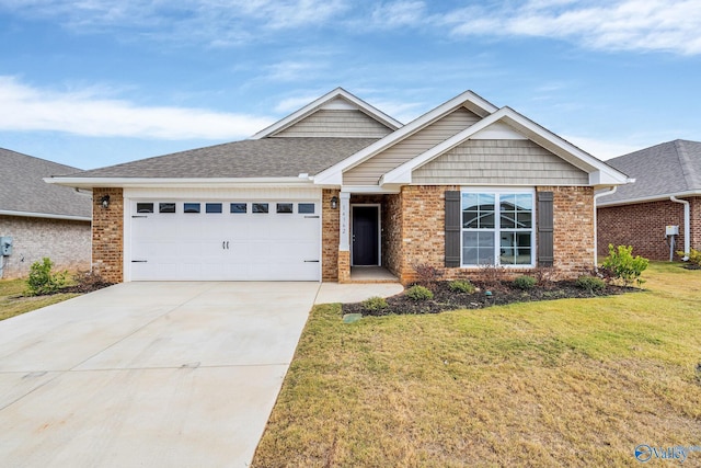 view of front of property with driveway, roof with shingles, an attached garage, a front lawn, and brick siding