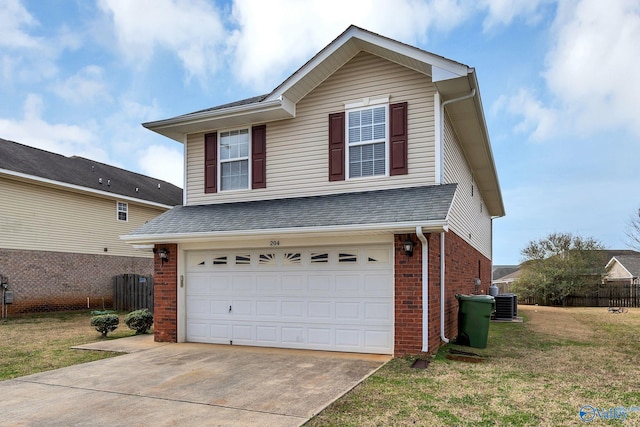 exterior space featuring central air condition unit, driveway, and fence