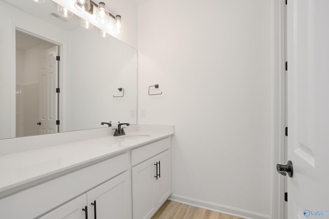 bathroom with vanity and wood-type flooring