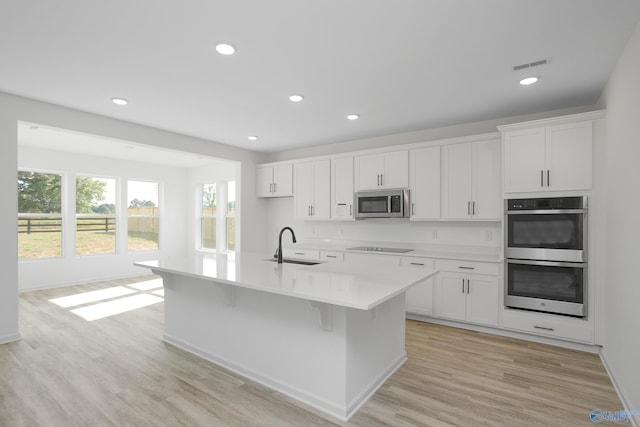 kitchen with white cabinetry, sink, a kitchen island with sink, and stainless steel appliances