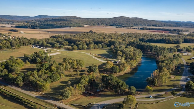 drone / aerial view featuring a water and mountain view