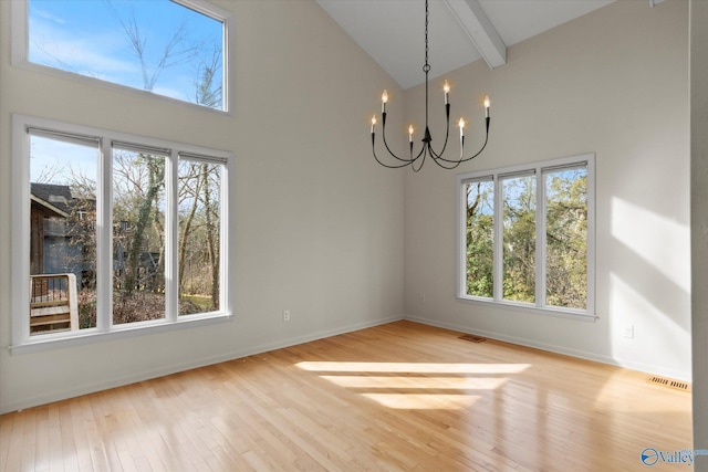 unfurnished dining area with a notable chandelier, beam ceiling, light hardwood / wood-style floors, and high vaulted ceiling