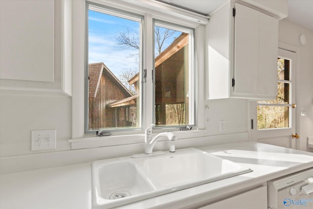 interior details featuring white dishwasher, sink, and white cabinets