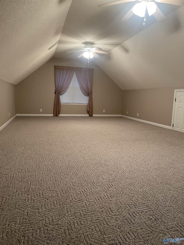 additional living space with a textured ceiling, carpet floors, and lofted ceiling