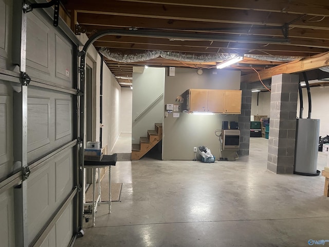 basement featuring heating unit and gas water heater