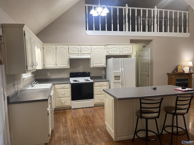 kitchen featuring white cabinets, a center island, white refrigerator with ice dispenser, electric stove, and sink