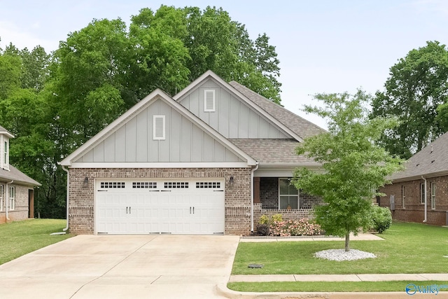 craftsman inspired home with brick siding, driveway, board and batten siding, and a front lawn
