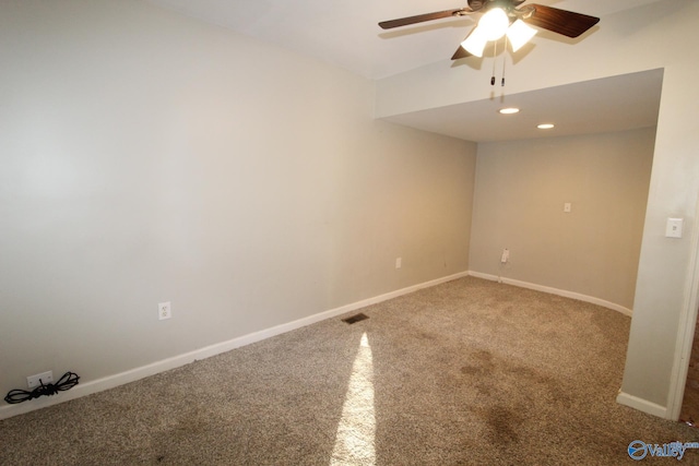 spare room with ceiling fan, visible vents, carpet floors, baseboards, and recessed lighting