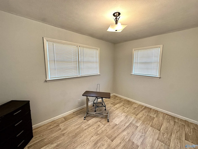 miscellaneous room featuring a textured ceiling, light wood finished floors, and baseboards