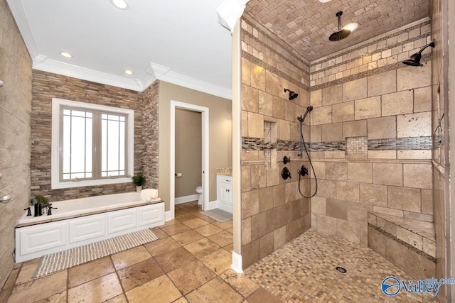 24188 Newby Rd, Madison, AL 35756 - full bathroom with a tile shower, a garden tub, toilet, and ornamental molding