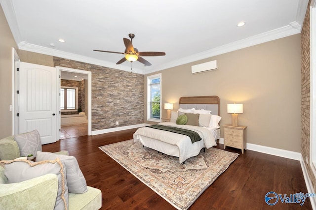 24188 Newby Rd, Madison, AL 35756 - bedroom featuring a wall unit AC, baseboards, wood finished floors, ceiling fan, and crown molding