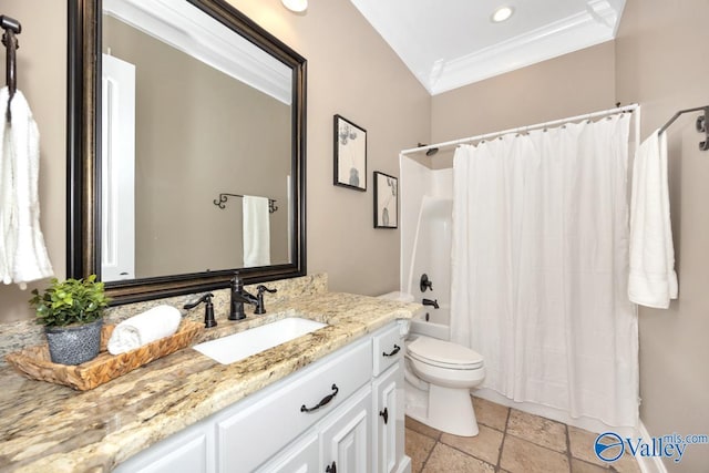 24188 Newby Rd, Madison, AL 35756 - full bathroom featuring stone tile floors, shower / bathtub combination with curtain, toilet, vanity, and ornamental molding
