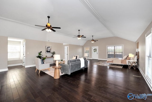 24188 Newby Rd, Madison, AL 35756 - living area with ceiling fan, lofted ceiling, dark wood-style floors, and baseboards