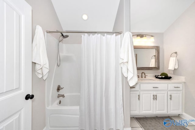 24188 Newby Rd, Madison, AL 35756 - bathroom featuring shower / bath combo, baseboards, tile patterned flooring, and vanity