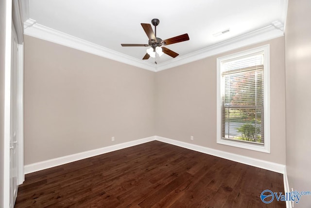 24188 Newby Rd, Madison, AL 35756 - unfurnished room featuring crown molding, baseboards, ceiling fan, and dark wood finished floors