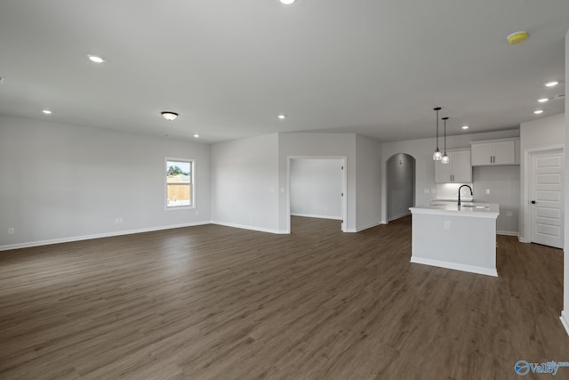 unfurnished living room with sink and dark hardwood / wood-style floors