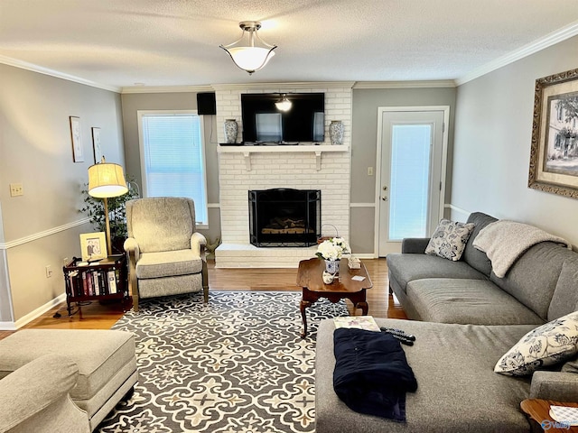 living room featuring crown molding, a fireplace, a textured ceiling, and hardwood / wood-style flooring