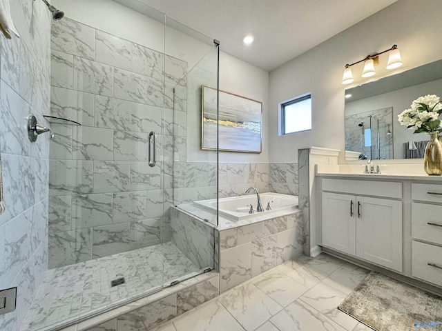 full bath featuring a shower stall, marble finish floor, vanity, and a bath