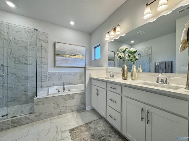 full bathroom featuring a marble finish shower, visible vents, a sink, and marble finish floor