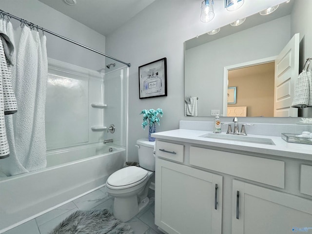 full bath with marble finish floor, toilet, vanity, and shower / bath combo with shower curtain