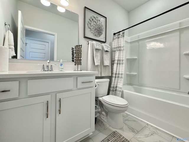 full bath with marble finish floor, toilet, shower / tub combo with curtain, and vanity