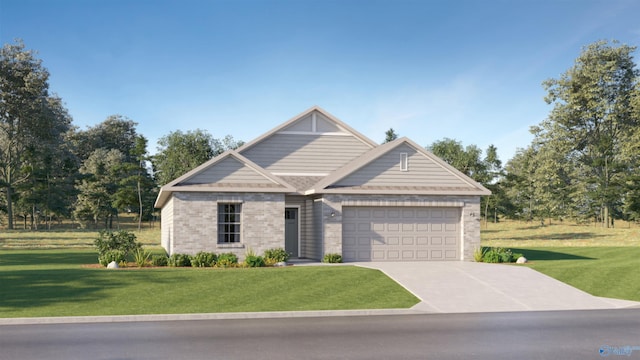 craftsman house featuring a front yard, concrete driveway, brick siding, a shingled roof, and a garage