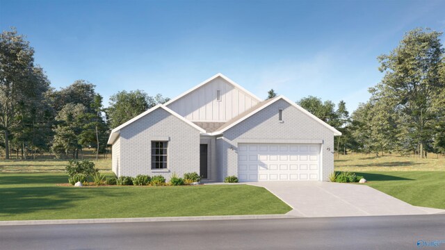view of front of house with board and batten siding, driveway, a front yard, brick siding, and a garage