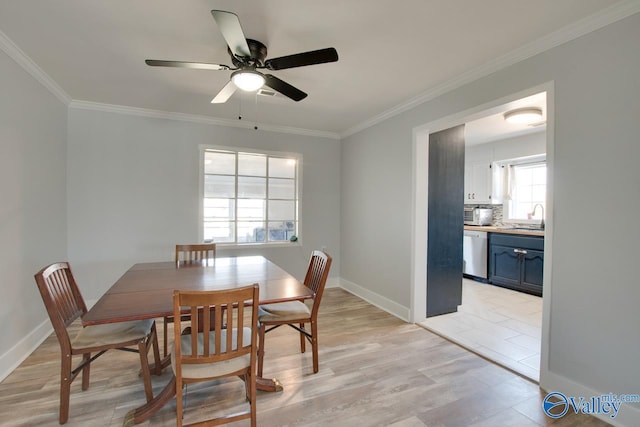 dining space featuring ceiling fan, light wood-type flooring, baseboards, and ornamental molding